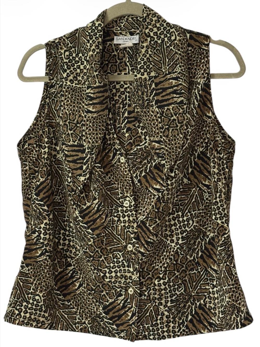 Sleeveless Animal Print Button-Front Blouse in Brown